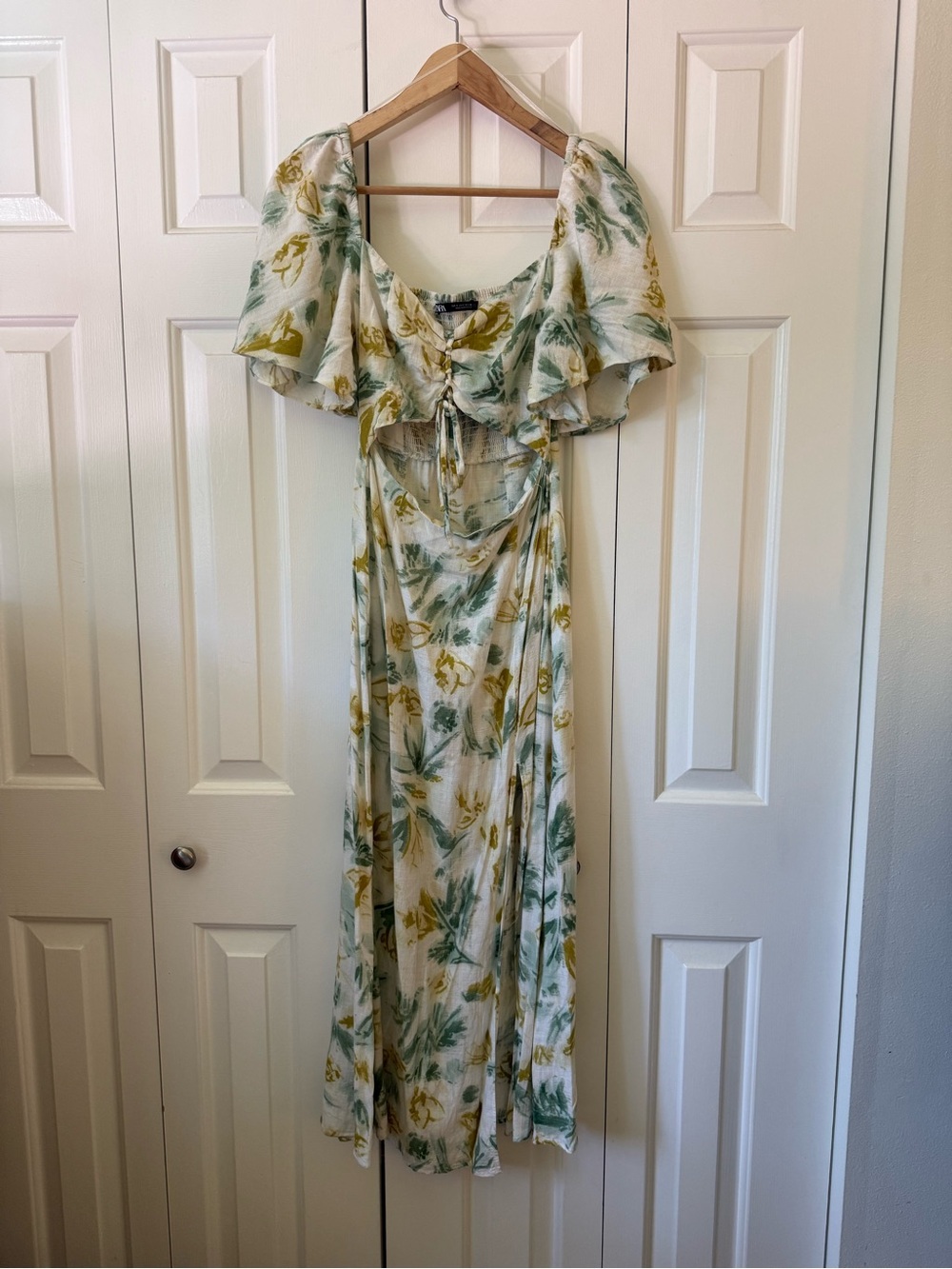 Zara Cream Maxi Dress with Green and Mustard Floral Print
